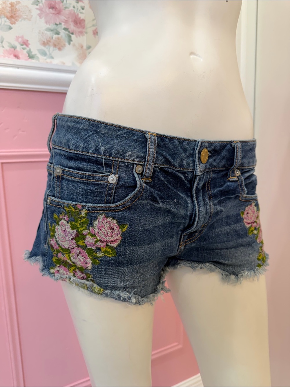 American Eagle Outfitters Blue Denim Shorts with Pink Floral Embroidery